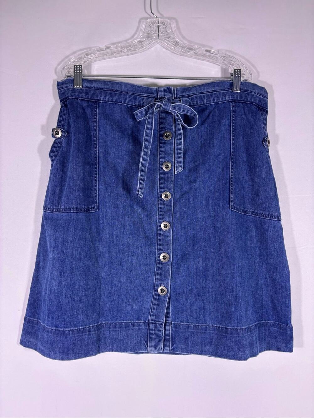 Sundance Chambray Button Front Skirt Blue Denim Paperbag Waist Size XL 0658